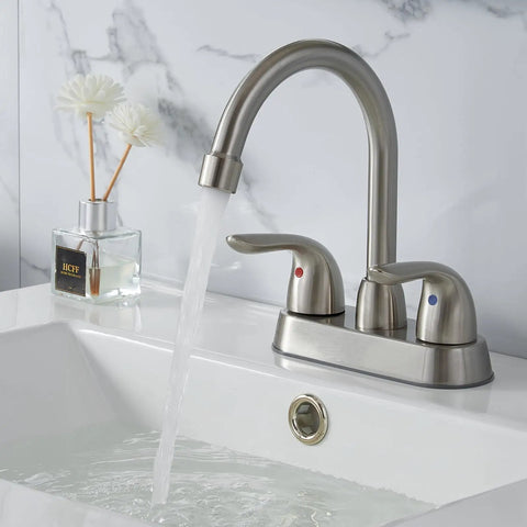 4 Inch Centerset Bathroom Faucet In Brushed Nickel, Deck Mounted Two Handle Vanity Mixer With Drain Assembly And Flexible Supply Hoses, Ideal For Lavatories, RV Campers And Home Bathrooms