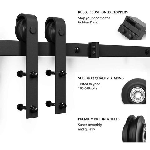 Sliding hardware kit from Glass Barn Door 28 x 84 In With 5 Ft Sliding Hardware Kit And Handle, featuring rubber stoppers and nylon wheels.