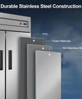 Heavy Duty Commercial Refrigerator And Freezer Combo Sleek Stainless Steel Design showing durable 304 stainless steel construction and insulation materials.