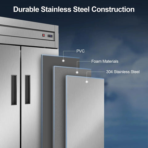 Heavy Duty Commercial Refrigerator And Freezer Combo Sleek Stainless Steel Design showing durable 304 stainless steel construction and insulation materials.