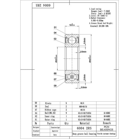 2 Pack Chrome Steel Sealed Ball Bearings 20x42x12mm For High RPM Performance Beefed Up Durability That Cuts Maintenance Reduces Replacements And Stands Up To Rough Conditions. technical drawing of 6004 2RS sealed bearing, 20x42x12mm
