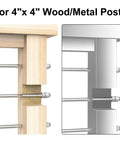 20 Pack 6-Inch Long One Eighth Inch Swage Threaded Stud Tension End Fittings For Deck Cable Railing, T316 Stainless Steel Tensioner For 4x4 And 2x2 Wood Or Metal Posts, Indoor Outdoor, Ready To Install showing application on wood and metal posts.