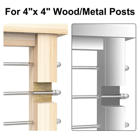 20 Pack 6-Inch Long One Eighth Inch Swage Threaded Stud Tension End Fittings For Deck Cable Railing, T316 Stainless Steel Tensioner For 4x4 And 2x2 Wood Or Metal Posts, Indoor Outdoor, Ready To Install showing application on wood and metal posts.