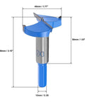 Forstner drill bit 45mm, tungsten carbide cutter, blue body, front view for woodworking