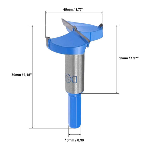 Forstner drill bit 45mm, tungsten carbide cutter, blue body, front view for woodworking