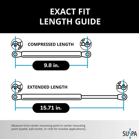 Length guide for 16 Inch Gas Lift Prop For Camper Rear Window And Tonneau Cover, compressed 9.8 in, extended 15.71 in