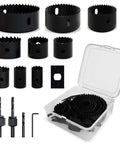 METOTY 14-piece black hole saw kit with mandrel; sizes 3/4–3in (19–76 mm) for soft wood and PVC, includes bits and case.