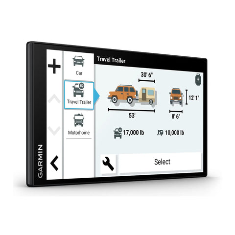 7-Inch RV GPS Navigator With Custom Routing And Live Traffic And Weather For North America showing travel trailer options