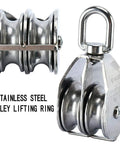 Rock Solid M50 Double Pulley Block Crafted From Top Grade 304 Stainless Steel Featuring A Badass 400Kg Lift Capacity Designed For Rigorous Industrial Milling And Engine Projects 2 Pack, side view of double pulley with lifting ring.