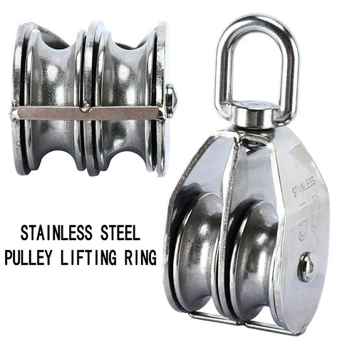 Rock Solid M50 Double Pulley Block Crafted From Top Grade 304 Stainless Steel Featuring A Badass 400Kg Lift Capacity Designed For Rigorous Industrial Milling And Engine Projects 2 Pack, side view of double pulley with lifting ring.