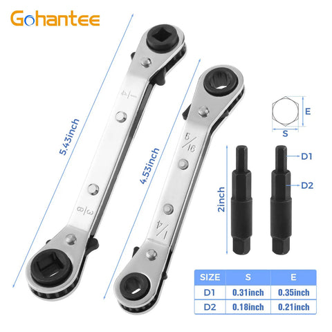 HVAC Service Wrench Kit With Quick Flip Ratchet For Air Conditioning Valves Sizes 3/16 To 3/8 5/16 By 1/4 Bit Adapters
