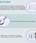 Infographic highlighting features of 3/16 By 1-1/4 Inch 410 Stainless Steel Flat Head Tapcon Concrete Screws For Masonry Anchoring To Brick Block Or Concrete Pack Of 100 With Free 5/32 Drill Bit, including corrosion resistance and magnetic properties.