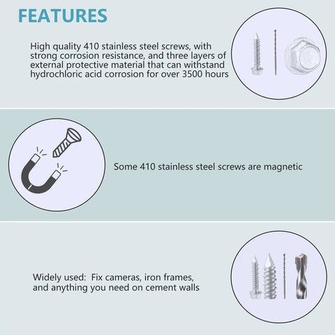 Features of Straight Up Heavy Duty 1/4 X 1 1/4 Inch 410 Stainless Steel Hex Head Concrete Tapcon Screws and drill bit.