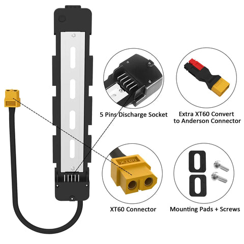Ebike Battery Base Mounting Plate Bracket with 5 Pin Connector for Polly DP-5 DP-6 DP-7 DP-9, shown with XT60 connector.