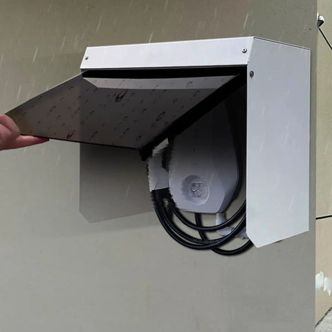 Top Shelf EV Charger Cover With Hella Tough Metal Shield For Wall Mount Stations blocking rain with steel housing.