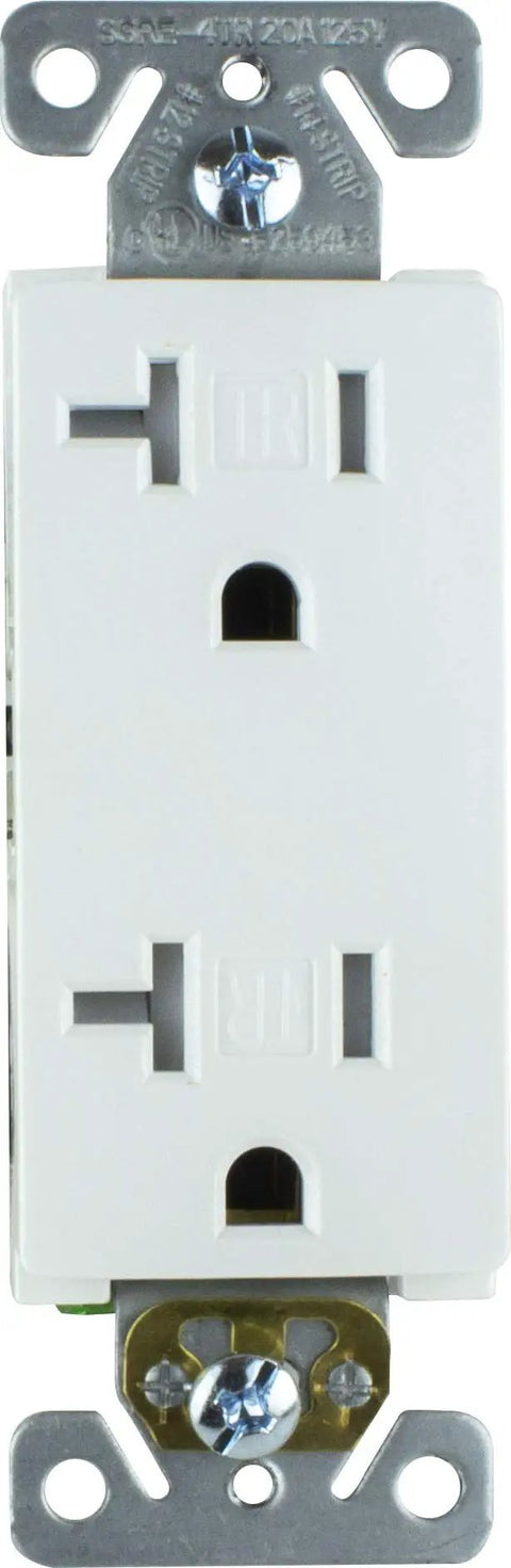 20 Amp Tamper Resistant Outlet 125V Decorator Duplex Receptacle white front view