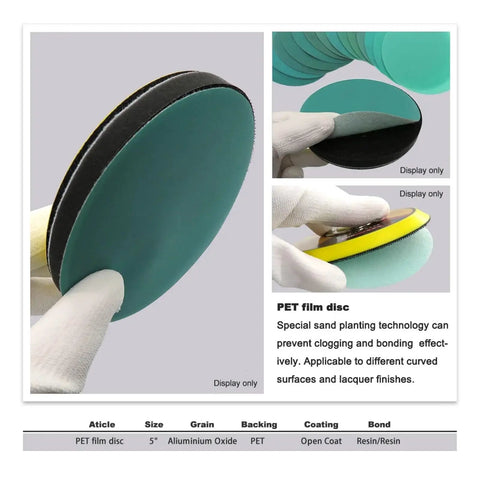 Rock Solid 30 Pc Set Of 5 Inch Hook And Loop Sanding Discs With Green Abrasive Film For Orbital Sanders showing various sanding discs.