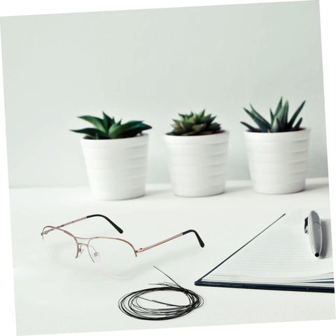 Eyeglass Repair Thread Cord For Half Rim Glasses Quick Fix Tool shown with eyeglasses, notebook, and potted plants.