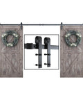 13 Ft Double Barn Door Hardware Kit With Silent Sliding Track Easy Install Fits 36 To 40 Inch Doors J Shape Hangers Black Frosted Finish Heavy Duty One Quarter Inch Carbon Steel Rail Two Piece Design For Ultra Smooth Quiet Operation, featuring rustic wood doors with wreaths and detailed hanger close-up.