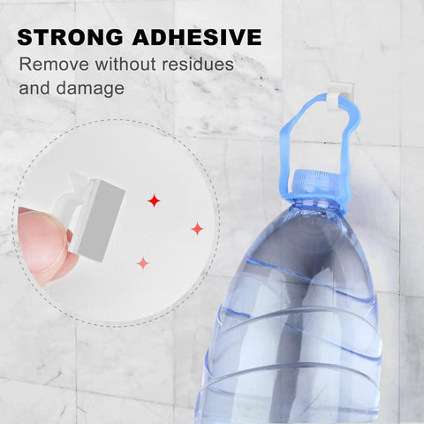 Strong adhesive used on marble wall with hook holding a blue bottle, showcasing application of Adhesive Cable Clips 100 Pack White Assorted Small And Large For Cord Organization And Wire Management Durable PA66 Nylon Wall Mount Clips For LED Lights Outdoor Use Cars Dash Cam HDMI Extension Cords.