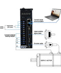 Black servo motor drive module with digital display and screw-terminal blocks connected to a servo motor