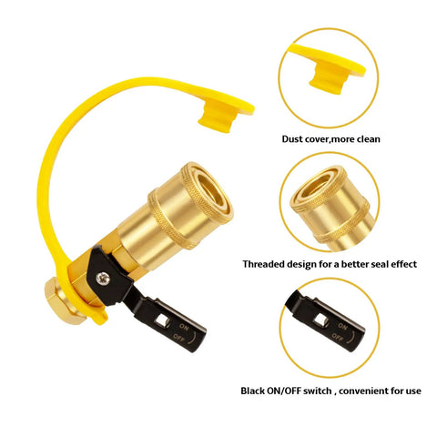 Quarter Inch RV Propane Quick Connect Adapter Kit With Shutoff Valve And Full Flow Plug Solid Brass Fittings for propane hose.