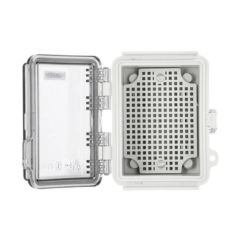 Open rugged outdoor junction box with IP67 waterproof rating and hinged transparent cover, showing interior mounting plate.