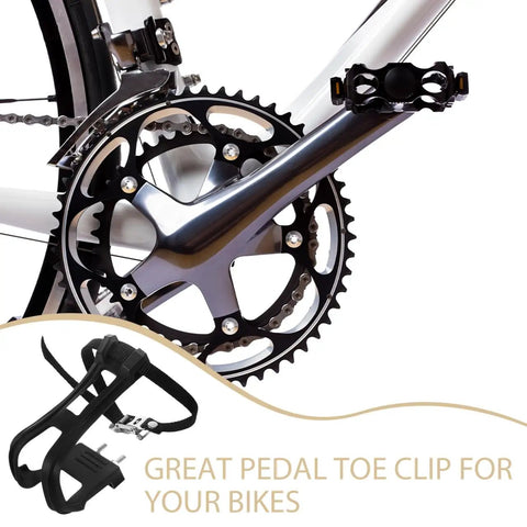 2 Pack Toe Clip Pedals With Straps For Road And Commuter Bikes attached to a silver bicycle crank arm, showcasing adjustable foot cages.