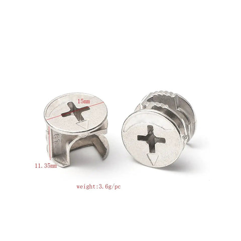 Close-up of 20Pcs Eccentric Wheel Three In One Connector Nut Kit for furniture assembly showing zinc alloy connectors, 15mm size.
