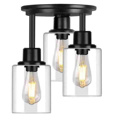 Three Light Matte Black Dope Semi Flush Mount Ceiling Light With Clear Glass Shades For Kitchen Hallway Foyer Entryway
