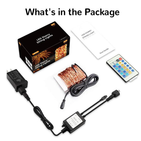 99 Ft 300 LED Copper String Lights With Remote package with adapter, remote, and manual.