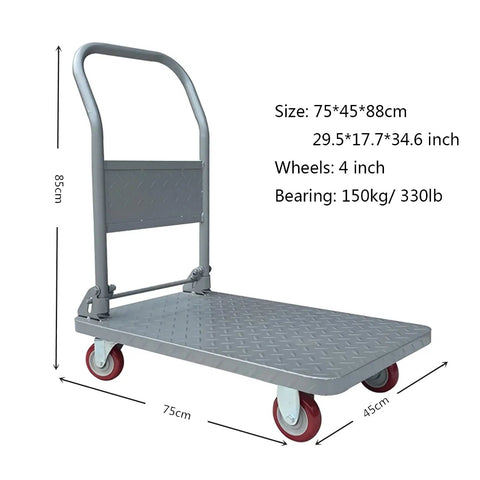 Heavy Duty Foldable Hand Cart With Steel Flatbed, Swivel Wheels And Foldable Handle For Easy Load Transport, The Go To Dolly For Moving Goods, Groceries, Gear, Shopping And Travel, 75x45x88cm