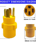 NEMA 14-30P To 14-50R EV Charger Adapter For Home Use with dimensions shown, 115mm height, 53mm plug width, 58mm base width