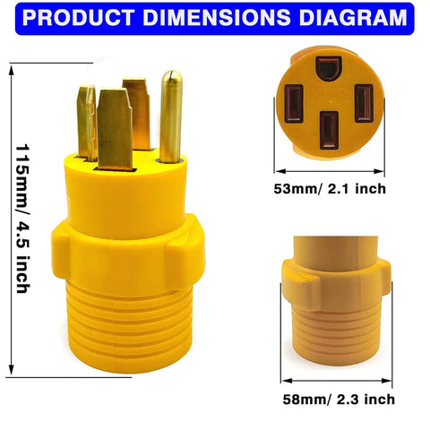 NEMA 14-30P To 14-50R EV Charger Adapter For Home Use with dimensions shown, 115mm height, 53mm plug width, 58mm base width