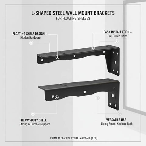 Sturdy Black L Shaped Shelf Bracket For Floating Shelves Wall Mount Hardware Made From Cold Rolled Steel, hidden hardware detail