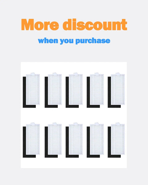 Ten replacement filters with black edges for Eufy RoboVac, under a discount offer text, focus on filter design.