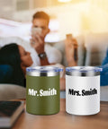 Custom 12oz Stainless Steel Tumbler With Lid, Double Wall Vacuum Insulated Cup For Office And Gym, Personalized With Photo Logo Or Text, Keeps Drinks Hella Cold, Navy Bulk Sip Gear Set on wooden table with fun designs.