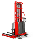 MechMaxx 3300 Lb Semi Electric Straddle Stacker With 118 Inch Lift Height powerful red frame, adjustable forks for warehouse use.
