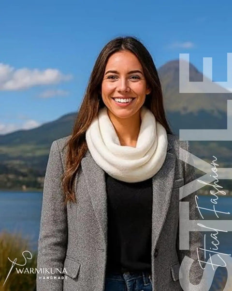 Woman wearing Ultra Cozy Winter Cashmere Infinity Scarf In Beige, Plush Soft Knit Wrap For Cold Weather, Premium Quality