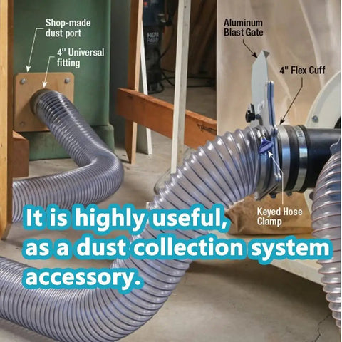 2-1/2 Inch Dust Control Flex Cuff With Hose Connector Ports And 2 Stainless Steel Clamps For Easy No-Fuss Connection To 2-1/2 Inch Dust Collection Hoses Black installed with duct system