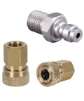 Three-piece brass and steel quick-disconnect adapter set with 8mm to 1/8 NPT fittings for high-pressure air systems