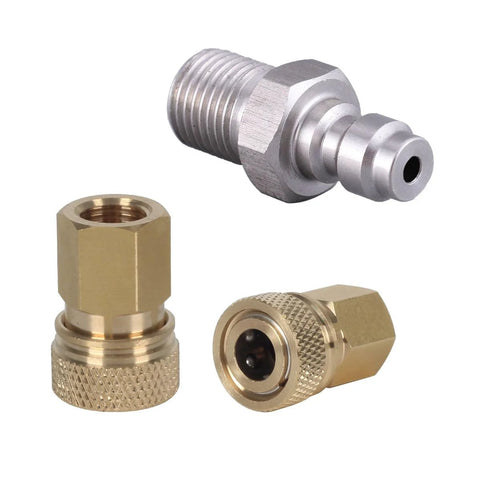 Three-piece brass and steel quick-disconnect adapter set with 8mm to 1/8 NPT fittings for high-pressure air systems