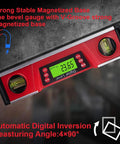 10 Inch Digital Level And Protractor With IP54 Inclinometer featuring V-Groove magnetic base and LED display on metal surface.
