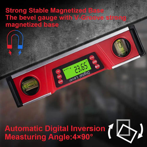 10 Inch Digital Level And Protractor With IP54 Inclinometer featuring V-Groove magnetic base and LED display on metal surface.