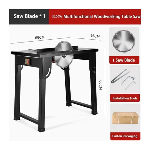 Slick Portable Folding Table Saw With Hassle Free Hookup And Big Power Three Thousand Watt Motor engineered for fast wood cutting, with 3200W motor and saw blade.