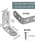 24 Pack Heavy Duty L Brackets With Screws Rust Resistant Stainless Steel, polished front and matte back, dimensions visible.