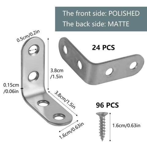 24 Pack Heavy Duty L Brackets With Screws Rust Resistant Stainless Steel, polished front and matte back, dimensions visible.