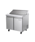Commercial 7.6 Cu Foot Sandwich Salad Prep Table Refrigerator In Stainless Steel With Smart Digital Controls adjustable shelves and dual doors.