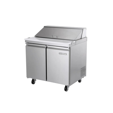 Commercial 7.6 Cu Foot Sandwich Salad Prep Table Refrigerator In Stainless Steel With Smart Digital Controls adjustable shelves and dual doors.