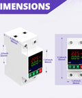 No Sweat 220V Adjustable Voltage Protector Smart Circuit Breaker dimensions shown with color LCD readout and mounting specs.